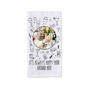 Bar towel with a funny phrase - It's always happy hour and a cartoon effect photo