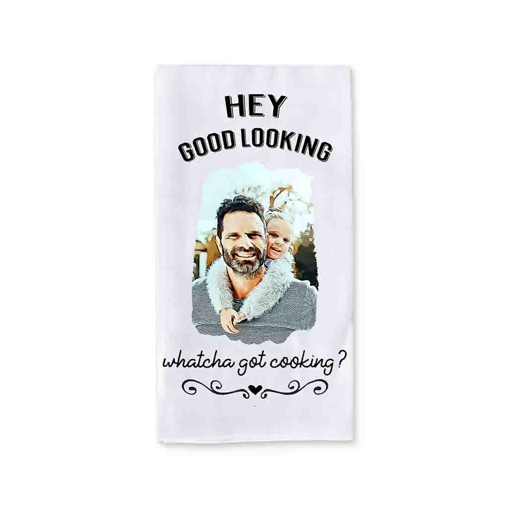 Funny cartoon effect towel with photo and whatcha got cooking quote