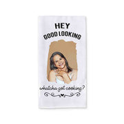 Custom photo kitchen towel, cartoon-style photo with cooking quote