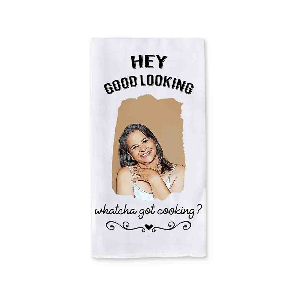 Custom photo kitchen towel, cartoon-style photo with cooking quote