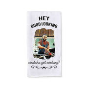 Playful Hey good looking kitchen towel with cartoon photo of dad
