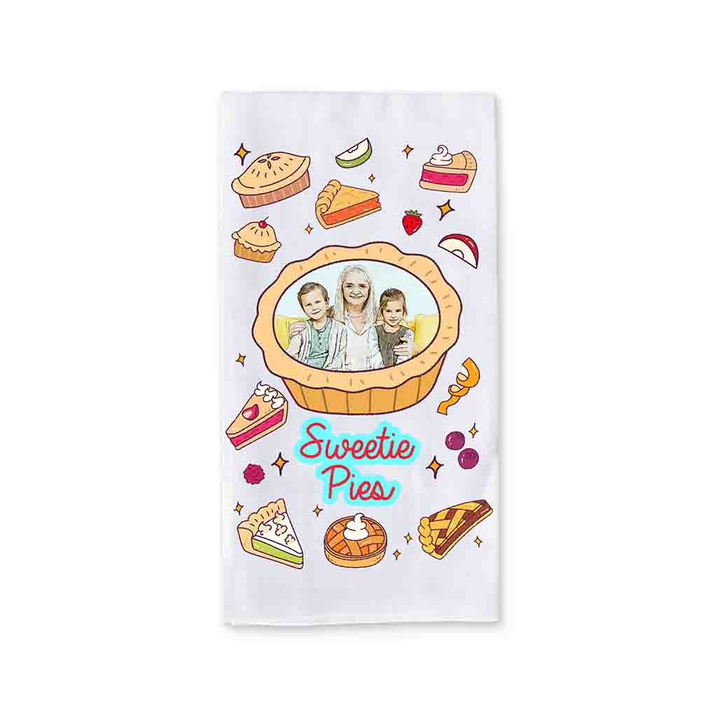 Personalized baker towel with photo and pie graphics