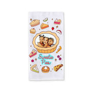 Sweetie Pies kitchen towel with photo and pie illustrations
