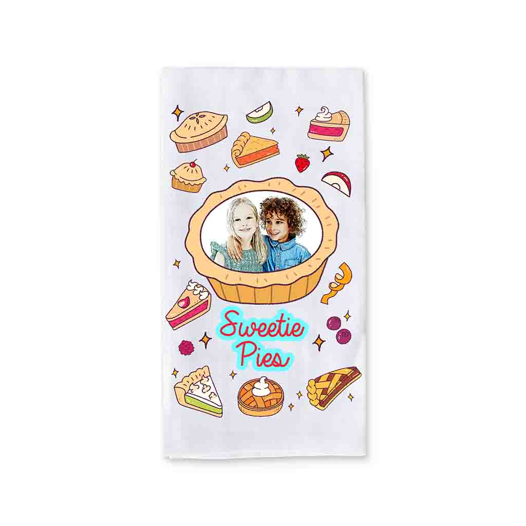 Cute photo kitchen towel with pie illustrations and Sweetie Pies text