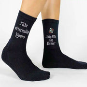 Eternally yours fun promposal socks with a gothic vibe digitally printed design on ribbed cotton crew socks.