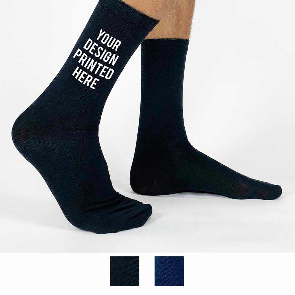 sockprints flat knit extra large dress socks for men in black or navy printed with your design, logo or text