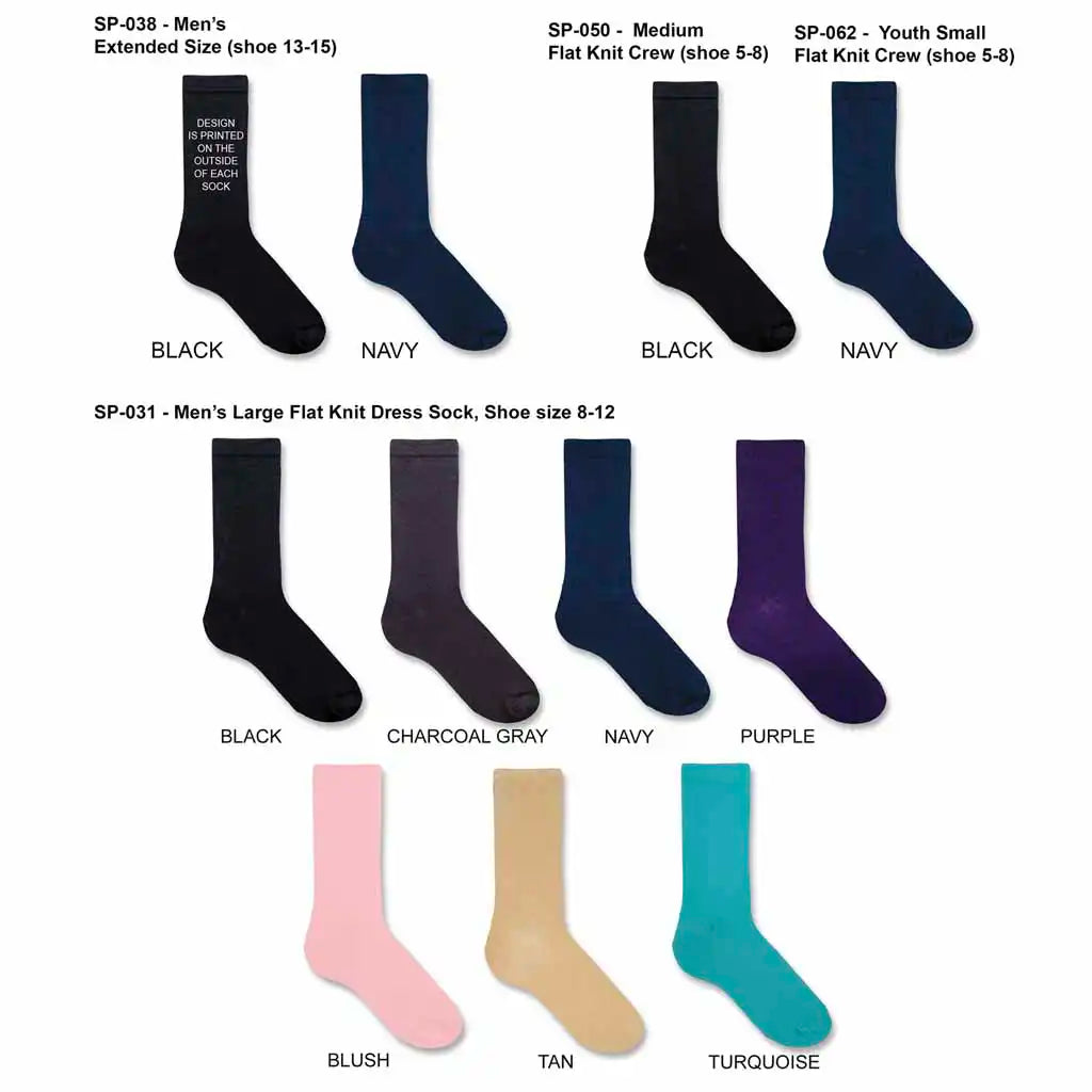 Flat knit dress socks color choice options available for custom printed designs.