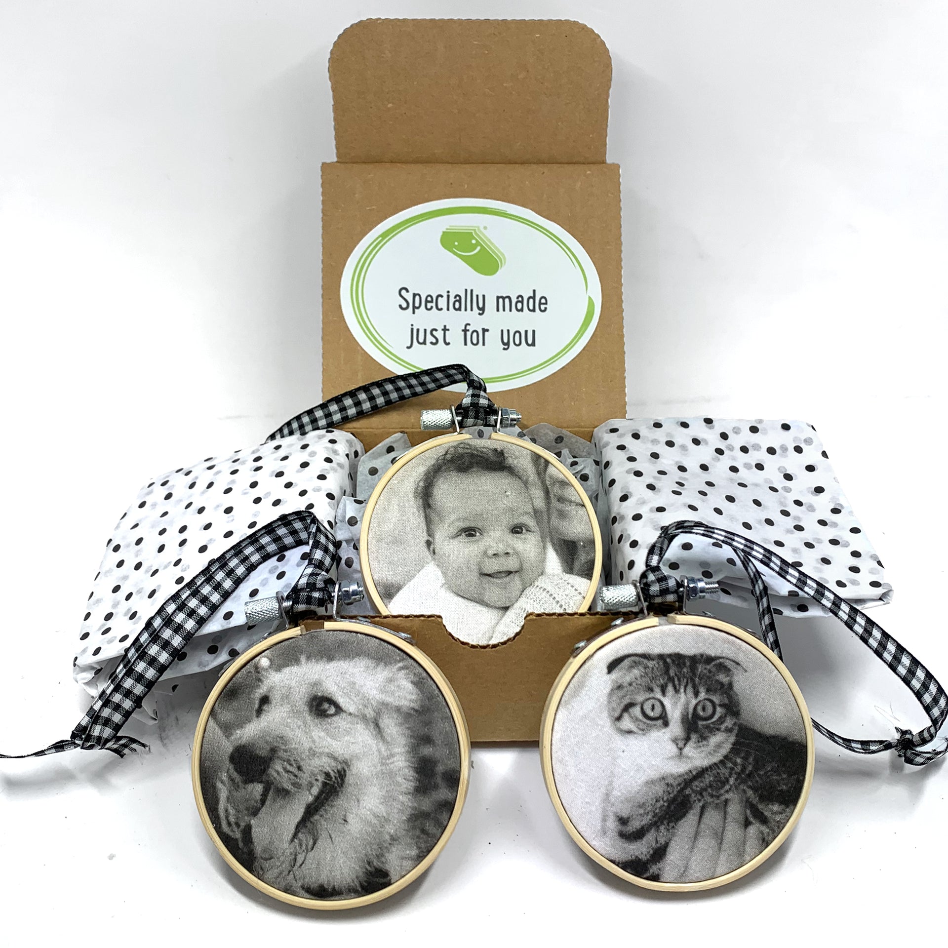 Custom personalized photo ornaments with your photos in a gift box ready to gift for the holidays.