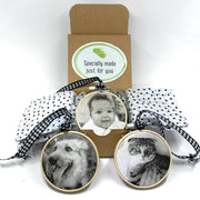 Custom personalized photo ornaments with your photos in a gift box ready to gift for the holidays.