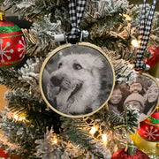 Fabric holiday ornament personalized with your own photo of your dog custom printed ornament in a gift box.