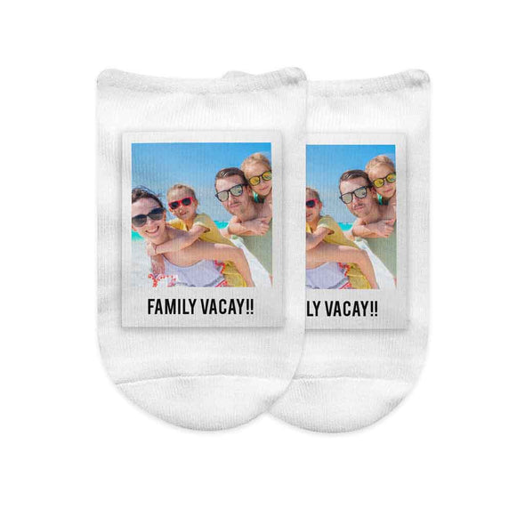 Cute polaroid framed digitally printed with your photo and text on comfy white cotton no show socks.