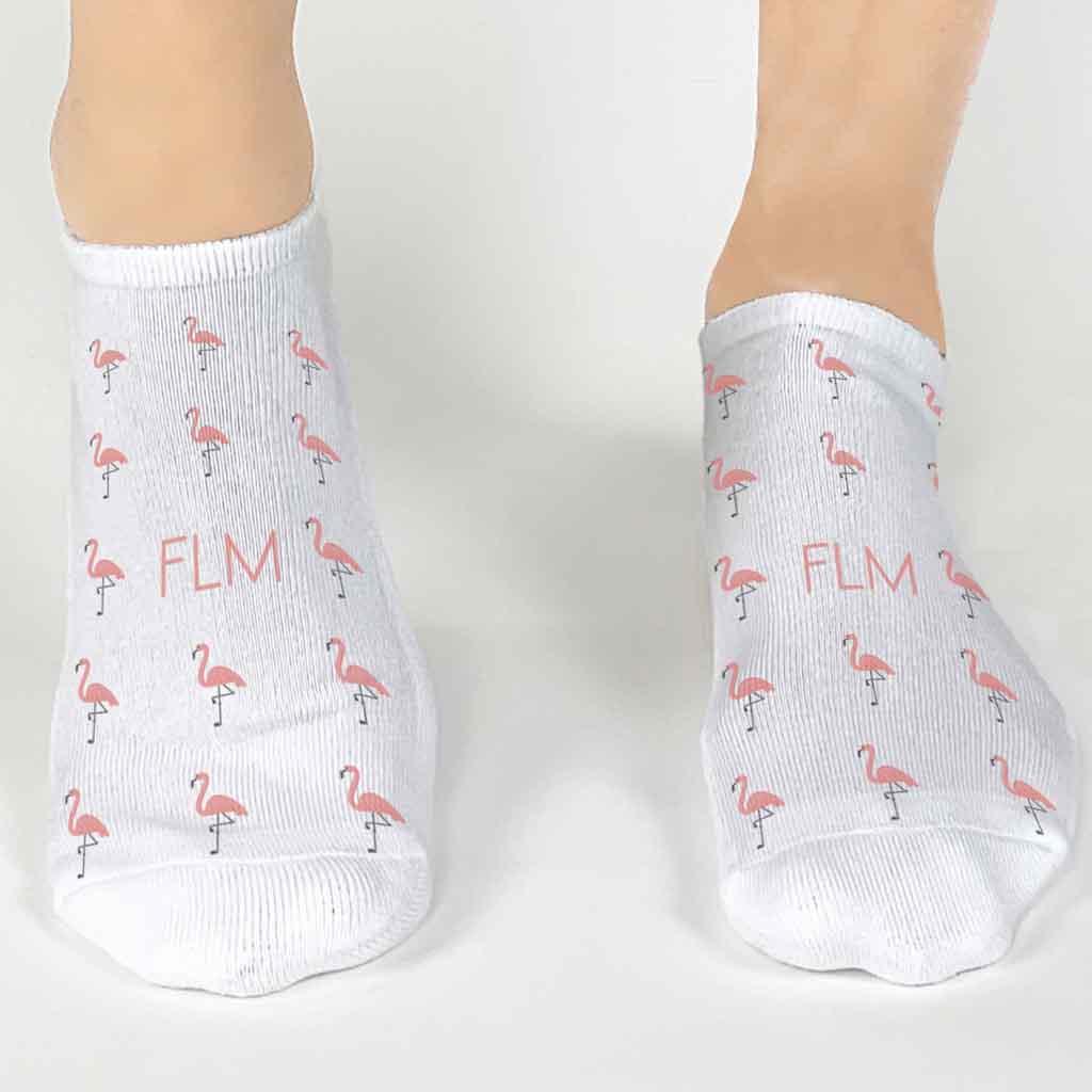 Flamingo palm beach design custom printed with your monogram on white cotton no show socks  in a three pair gift box set.