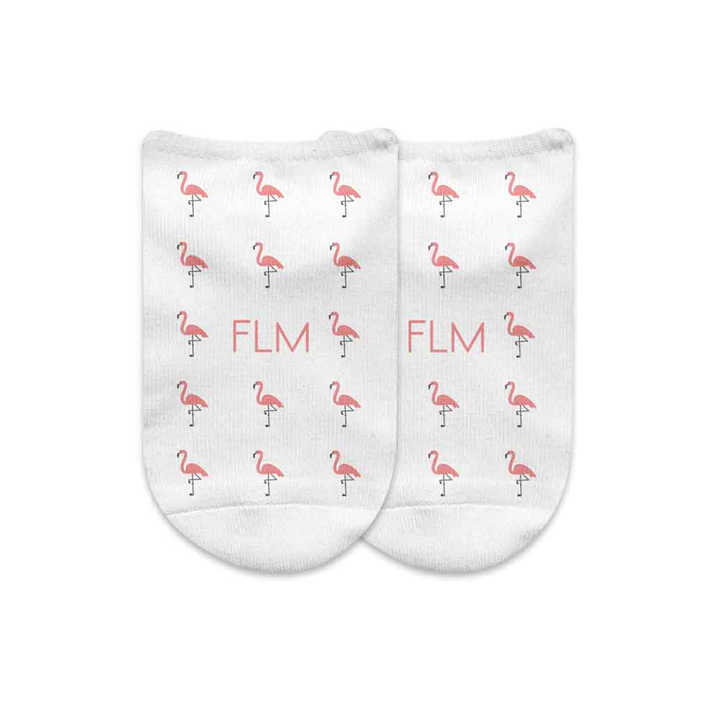 Flamingo palm beach design with your monogram custom printed on white cotton no show socks in a three pair gift box set.