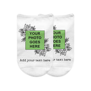 Your own photo and personalized text custom printed with floral frame design on no show socks.
