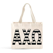 Front view of Alpha Chi Omega small black and whie stripe tote bag