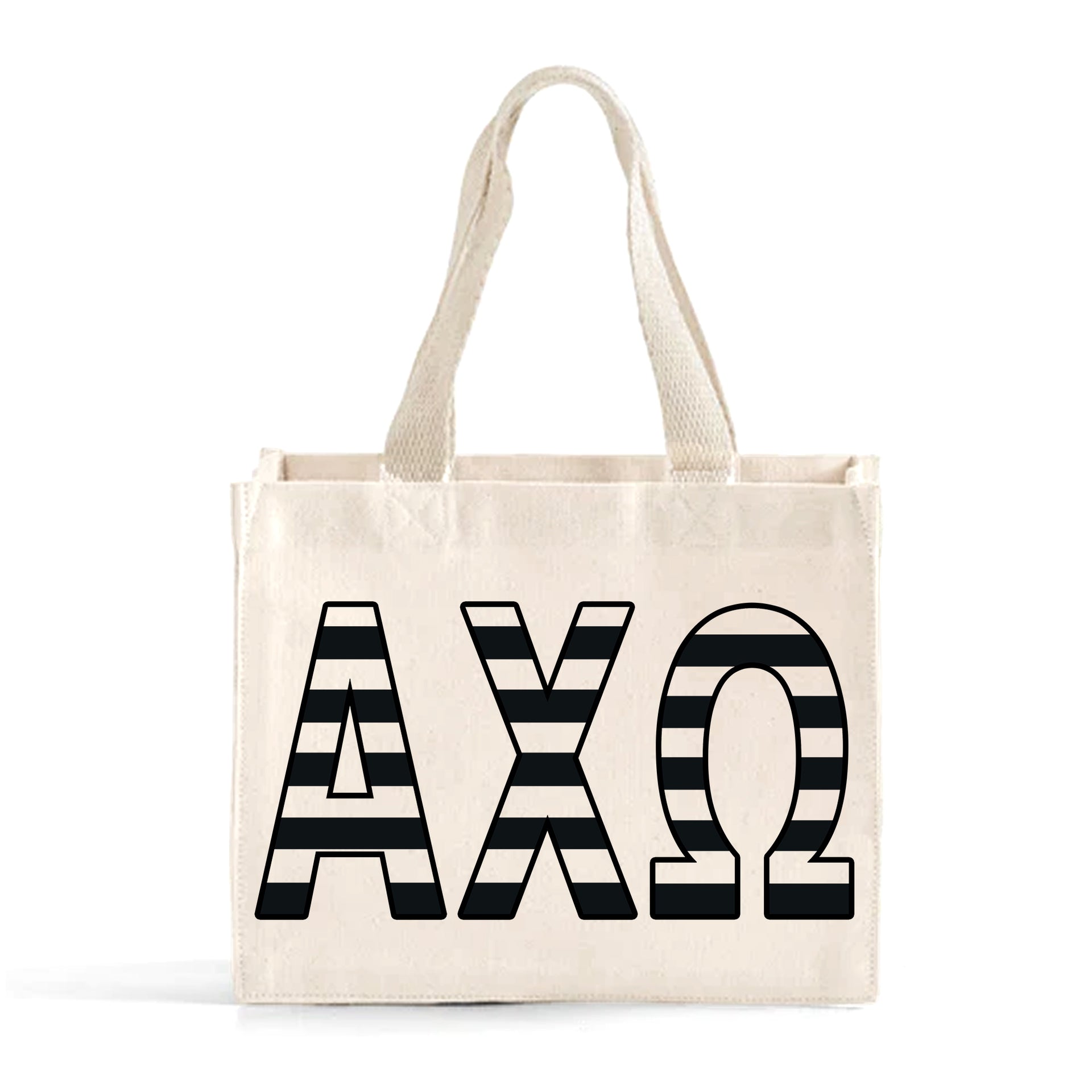 Front view of Alpha Chi Omega small black and whie stripe tote bag
