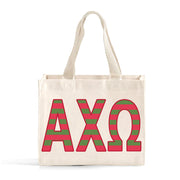 Front view of Alpha Chi Omega Greek letters in sorority colors small striped tote bag