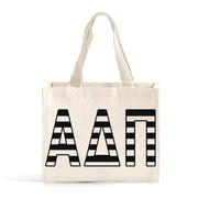 Front view of Alpha Delta Pi small black and whie stripe tote bag