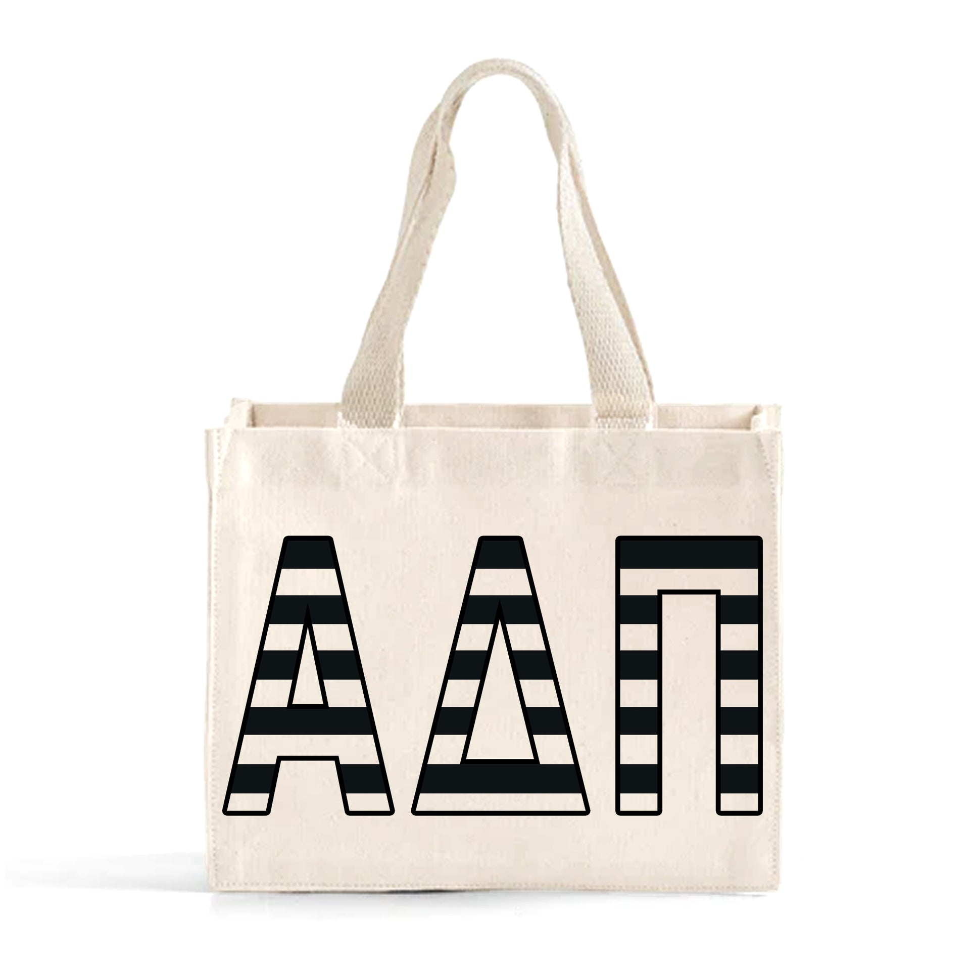 Front view of Alpha Delta Pi small black and whie stripe tote bag