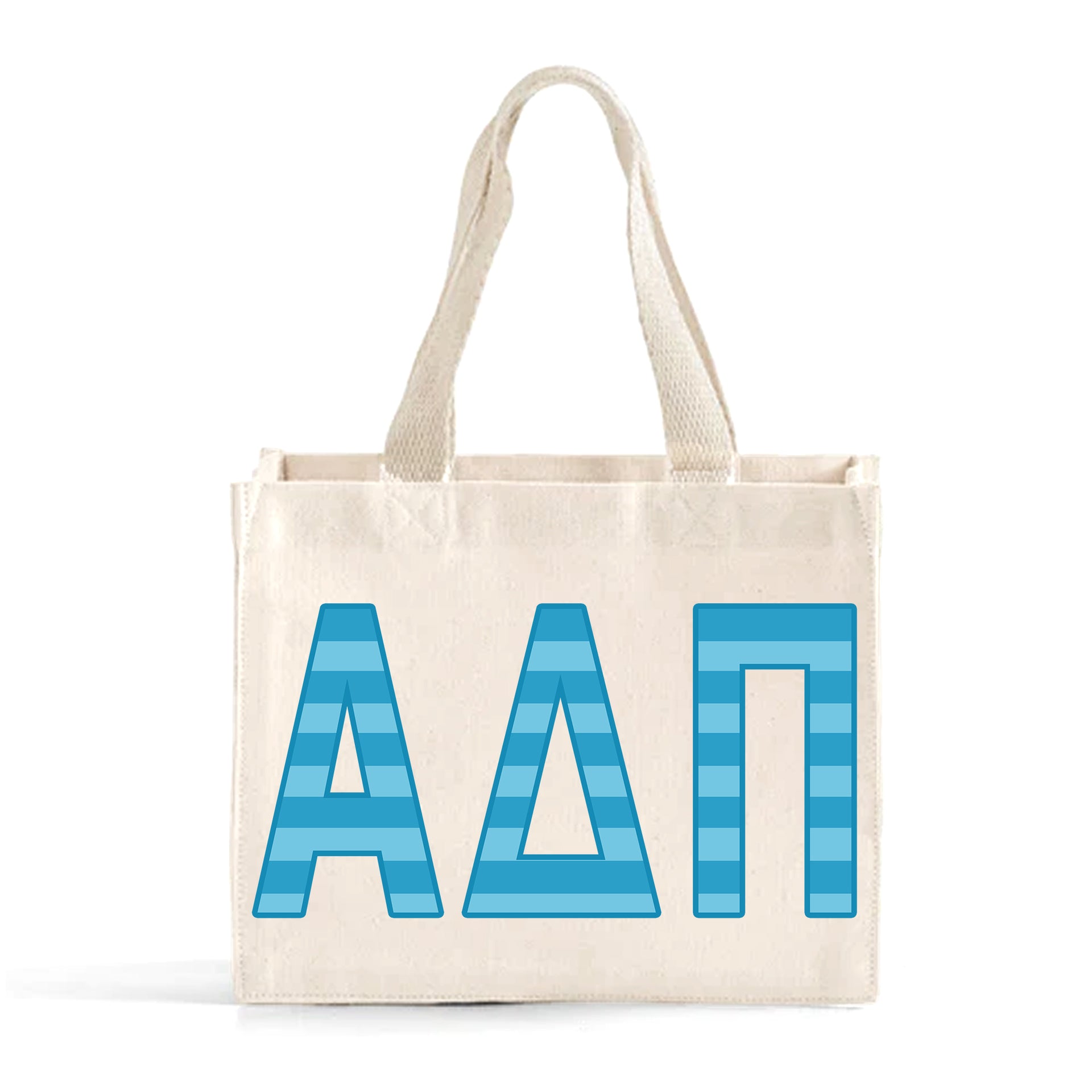 Front view of Alpha Delta Pi Greek letters in sorority colors small striped tote bag