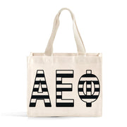 Front view of Alpha Epsilon Phi small black and whie stripe tote bag