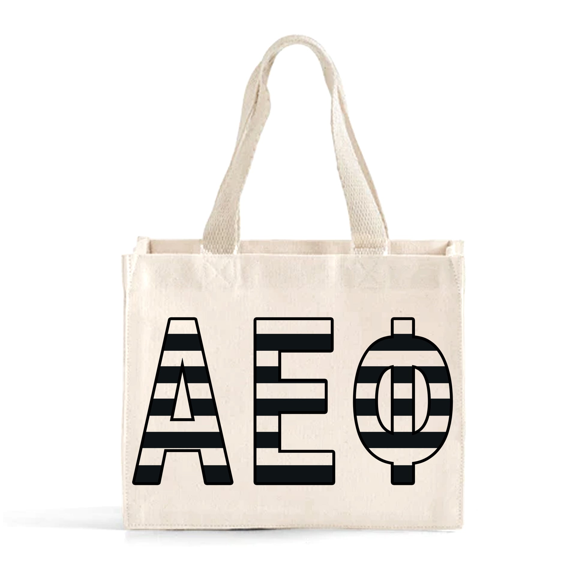 Front view of Alpha Epsilon Phi small black and whie stripe tote bag