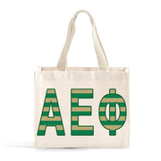 Front view of Alpha Epsilon Phi Greek letters in sorority colors small striped tote bag