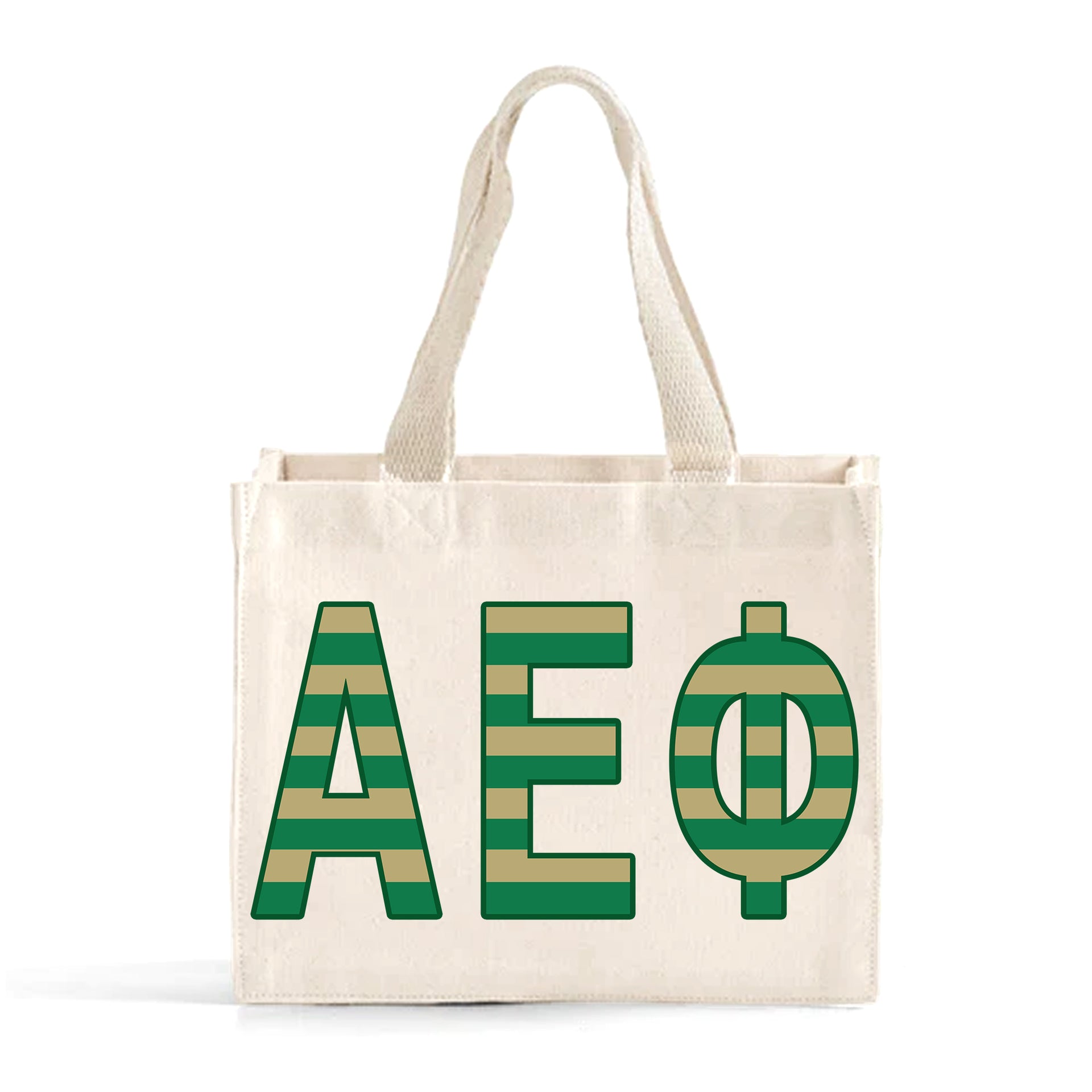 Front view of Alpha Epsilon Phi Greek letters in sorority colors small striped tote bag