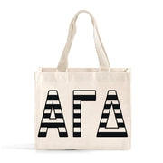 Front view of Alpha Gamma Delta small black and whie stripe tote bag