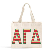 Front view of Alpha Gamma Delta Greek letters in sorority colors small striped tote bag