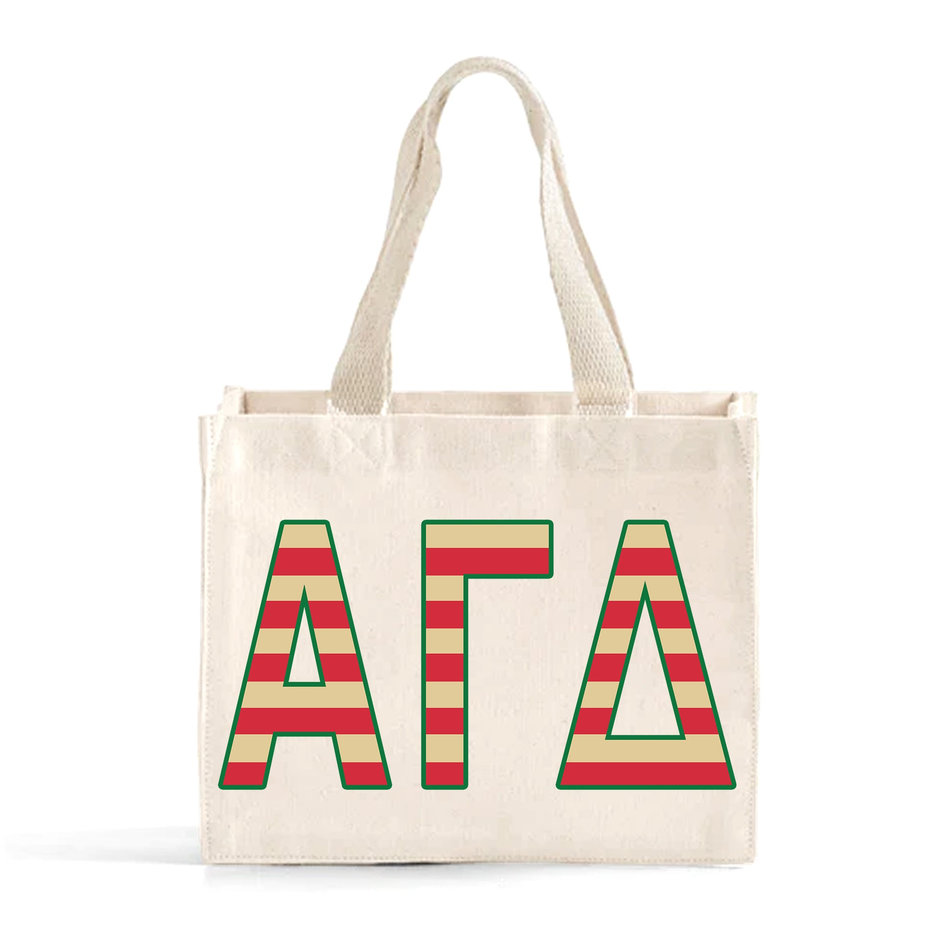Front view of Alpha Gamma Delta Greek letters in sorority colors small striped tote bag