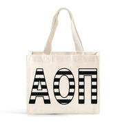 Front view of Alpha Omicron Pi small black and whie stripe tote bag