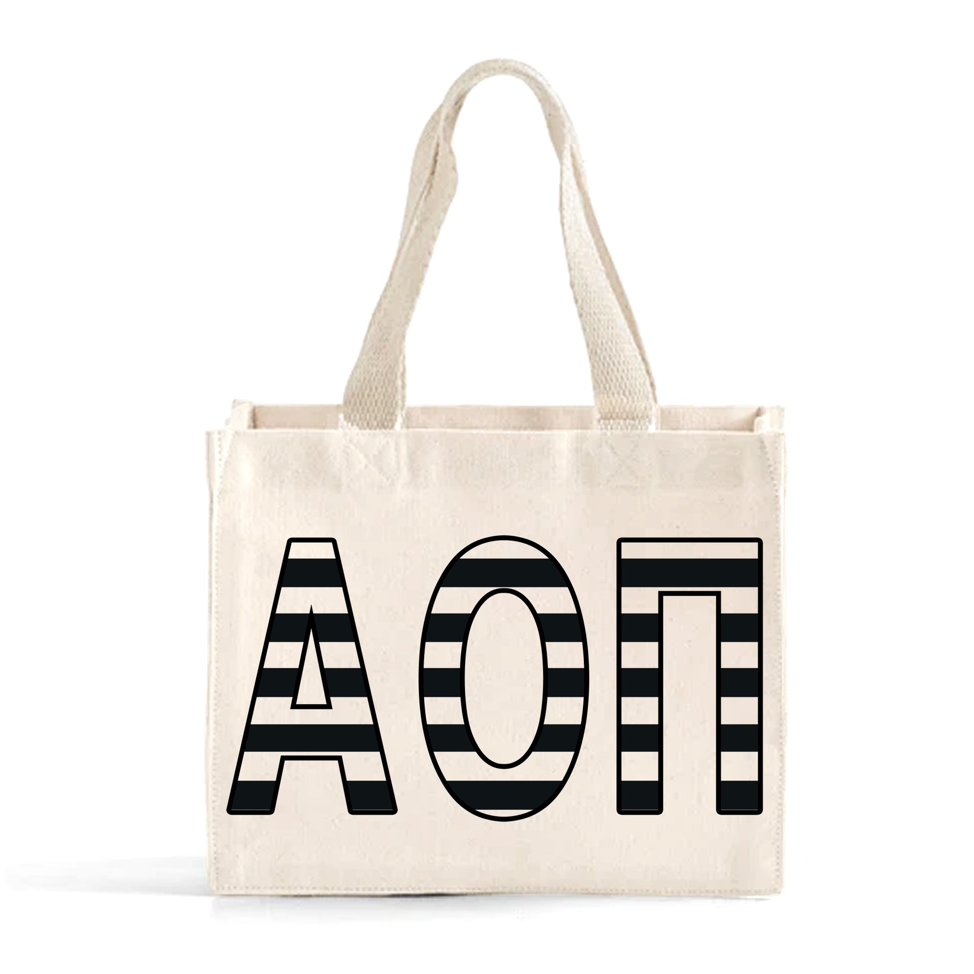 Front view of Alpha Omicron Pi small black and whie stripe tote bag
