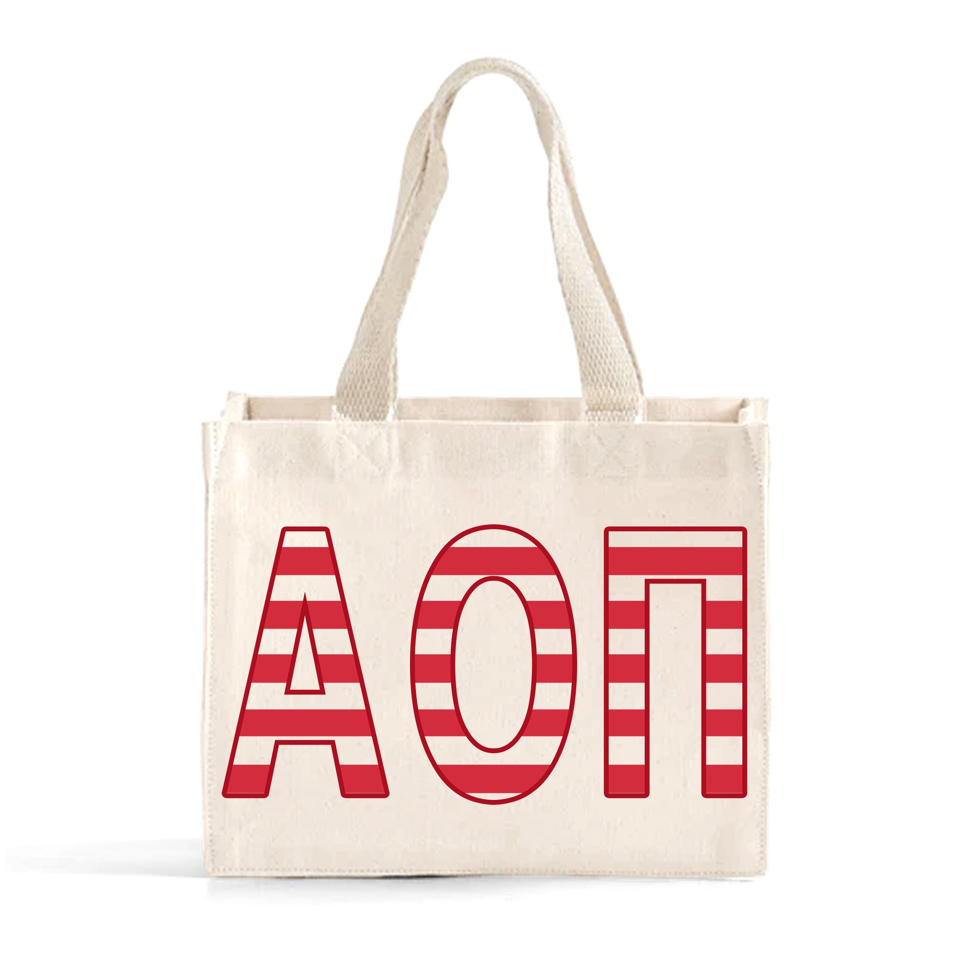 Front view of Alpha Omicron Pi Greek letters in sorority colors small striped tote bag