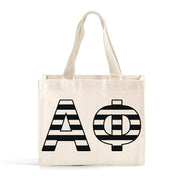 Front view of Alpha Phi small black and whie stripe tote bag