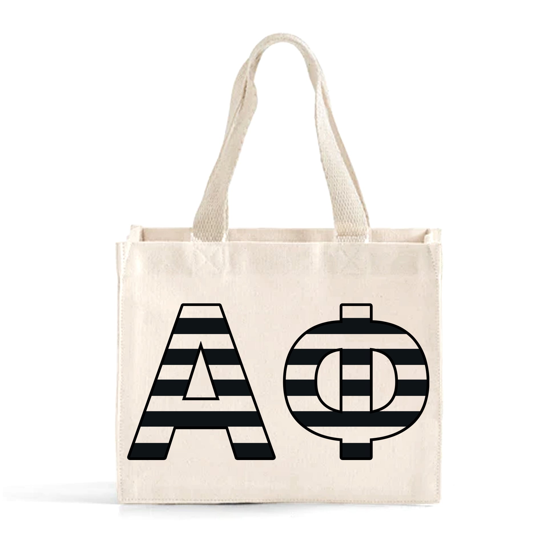 Front view of Alpha Phi small black and whie stripe tote bag