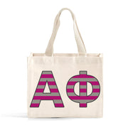 Front view of Alpha Phi Greek letters in sorority colors small striped tote bag