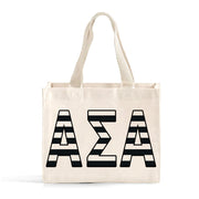 Front view of Alpha Sigma Alpha small black and whie stripe tote bag