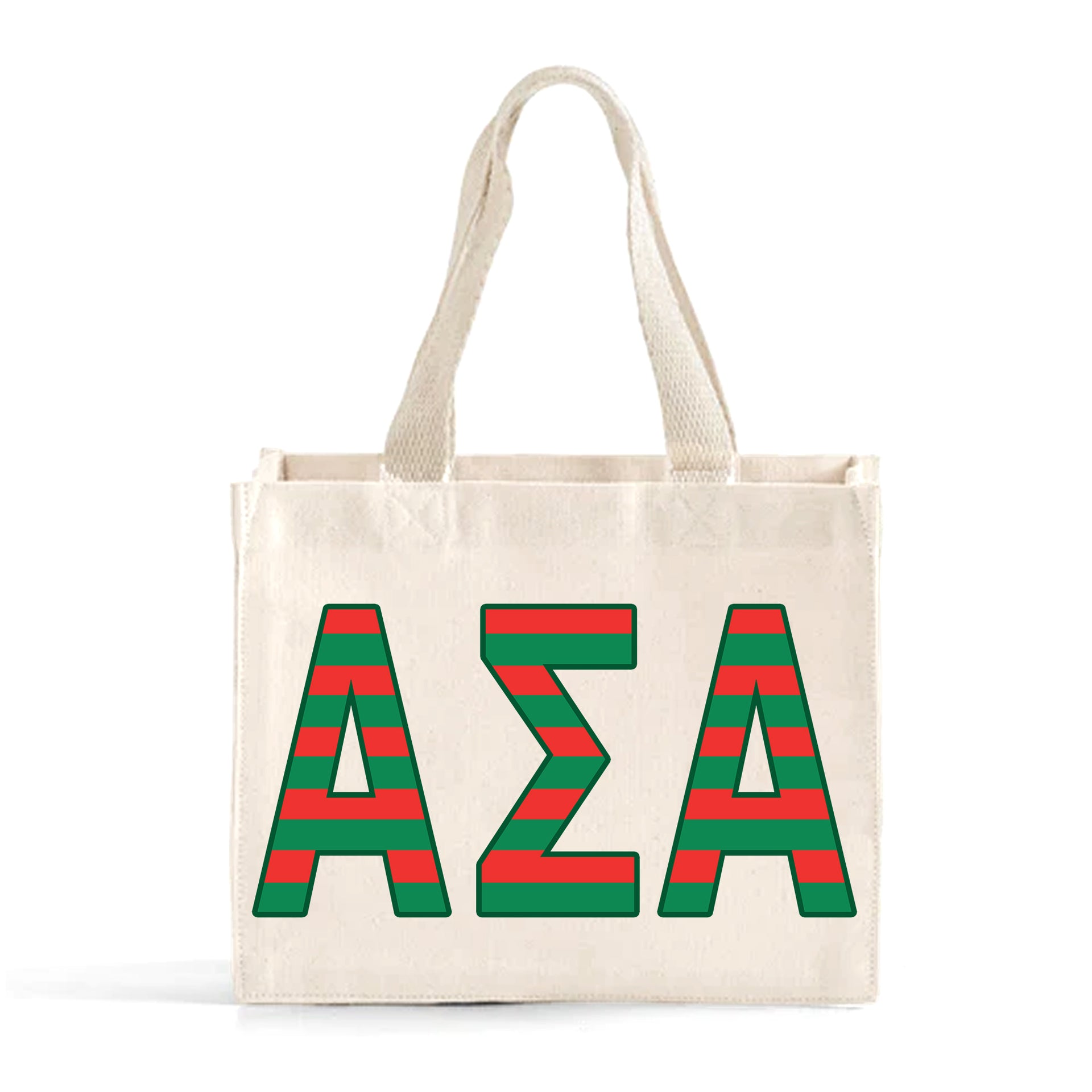 Front view of Alpha Sigma Alpha Greek letters in sorority colors small striped tote bag