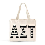 Front view of Alpha Sigma Tau small black and whie stripe tote bag