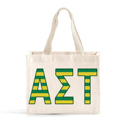 Front view of Alpha Sigma Tau Greek letters in sorority colors small striped tote bag