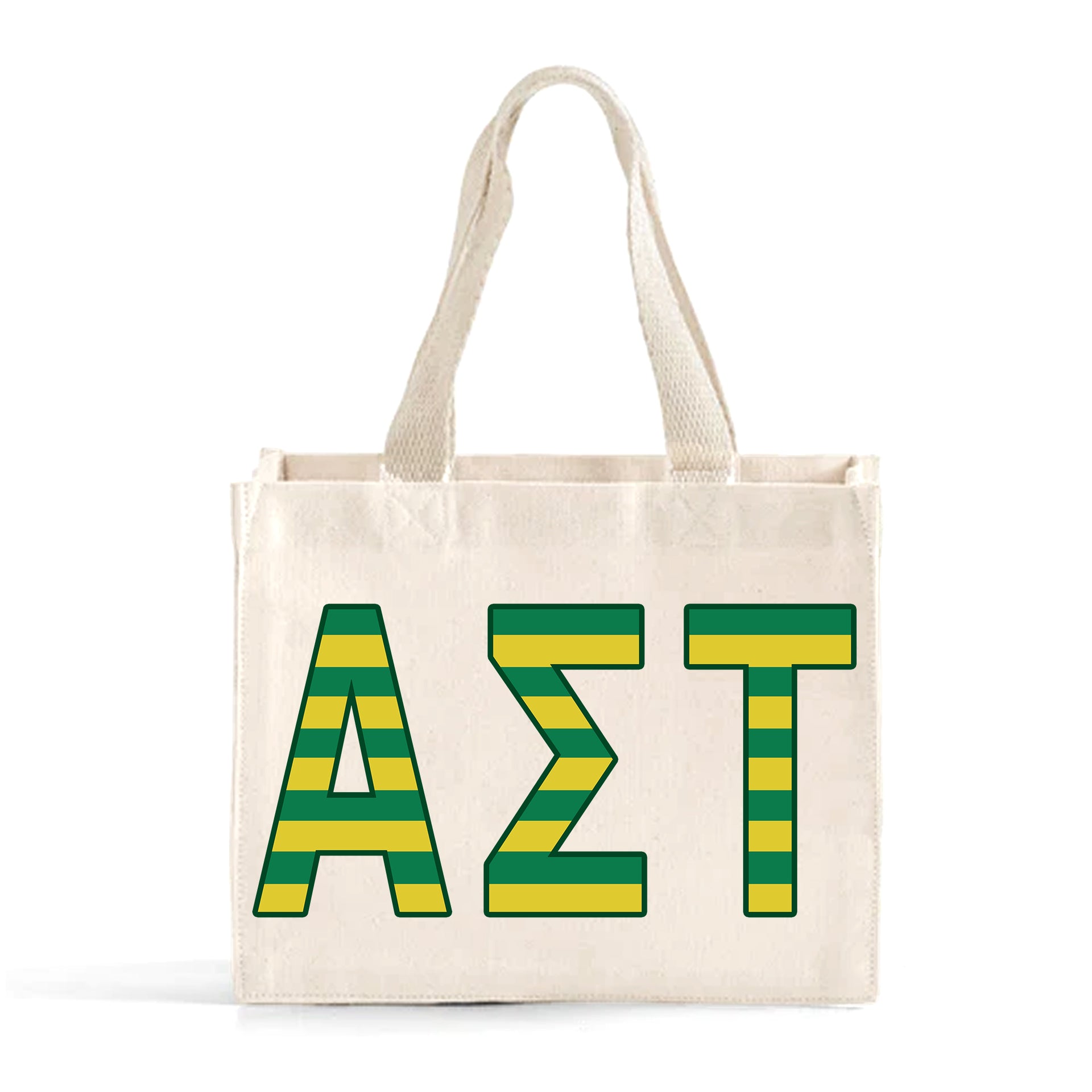 Front view of Alpha Sigma Tau Greek letters in sorority colors small striped tote bag