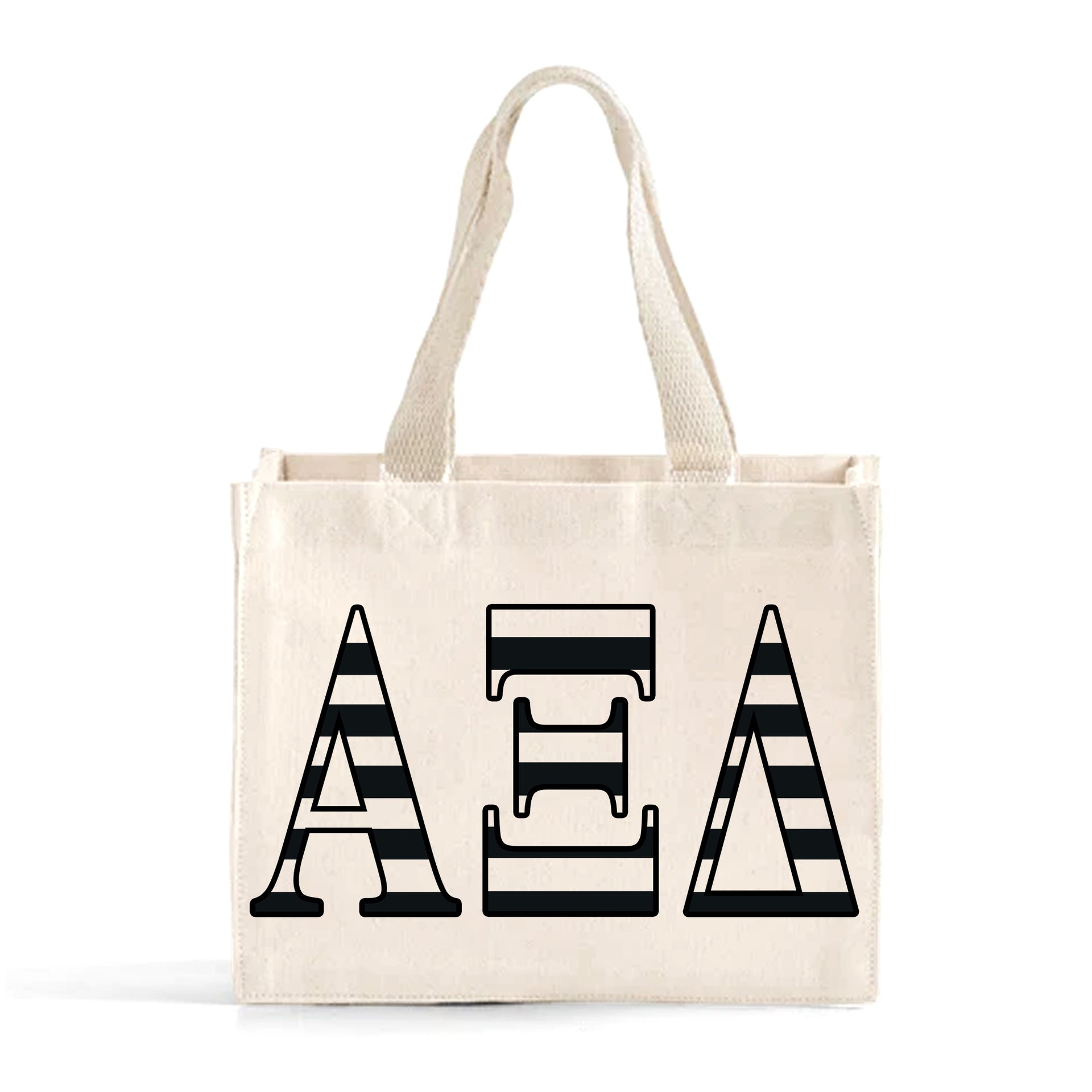 Front view of Alpha Xi Delta small black and whie stripe tote bag