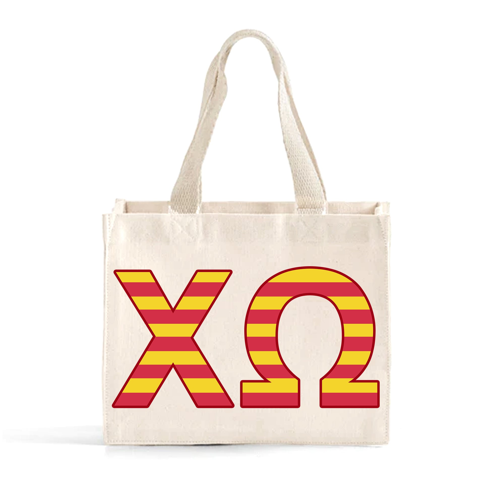Front view of Chi Omega Greek letters in sorority colors small striped tote bag