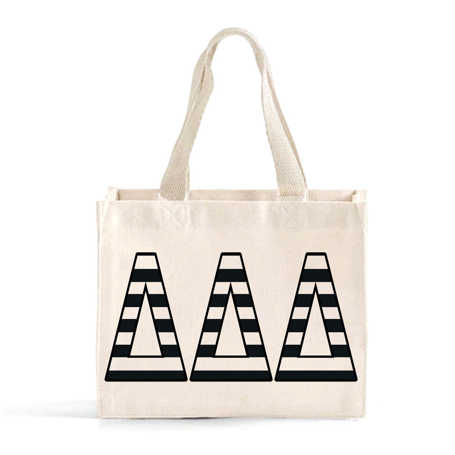 Front view of Delta Delta Delta small black and whie stripe tote bag