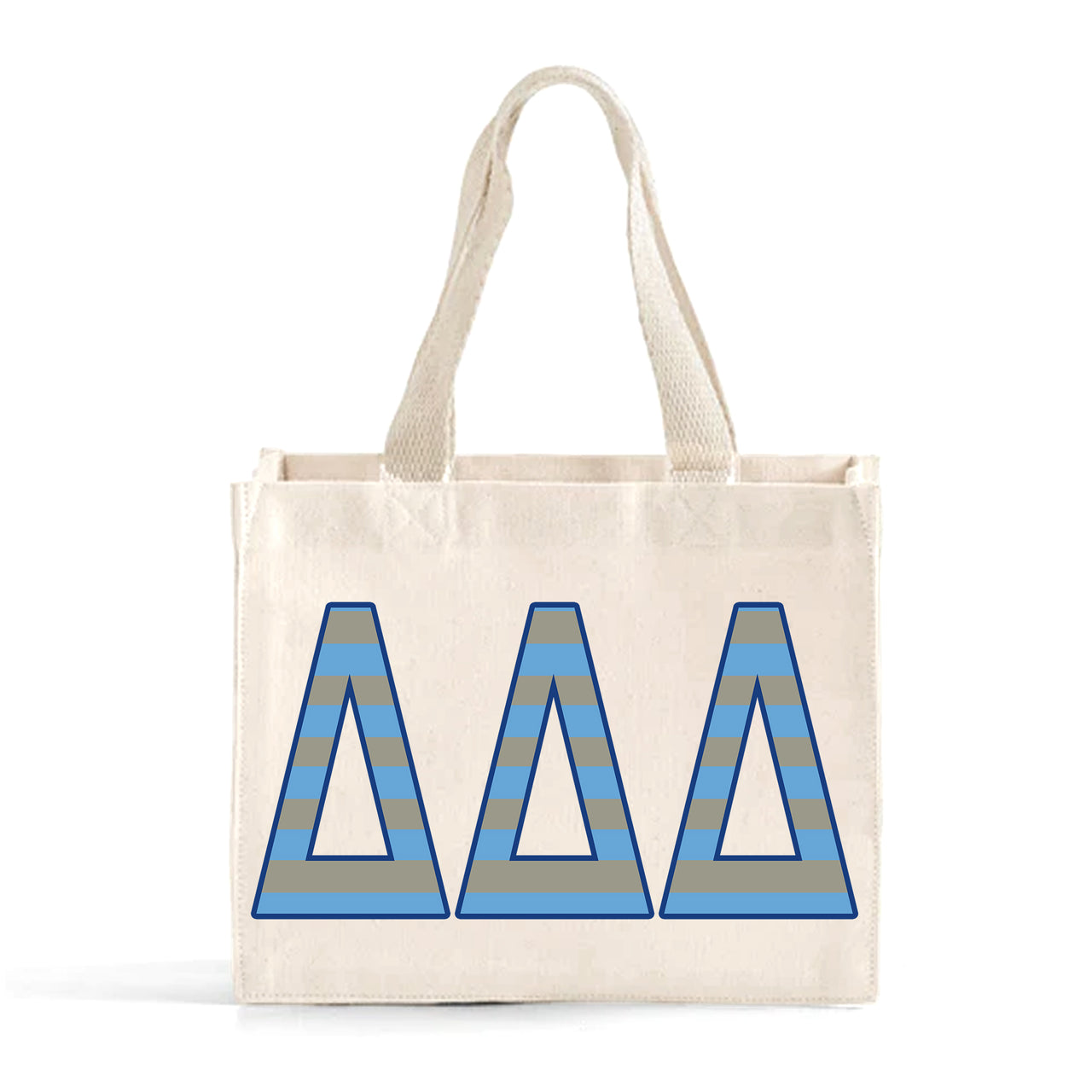 Front view of Delta Delta Delta Greek letters in sorority colors small striped tote bag