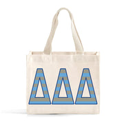 Front view of Delta Delta Delta Greek letters in sorority colors small striped tote bag