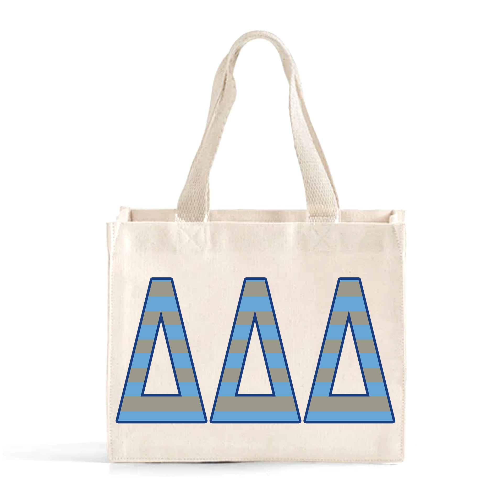 Front view of Delta Delta Delta Greek letters in sorority colors small striped tote bag