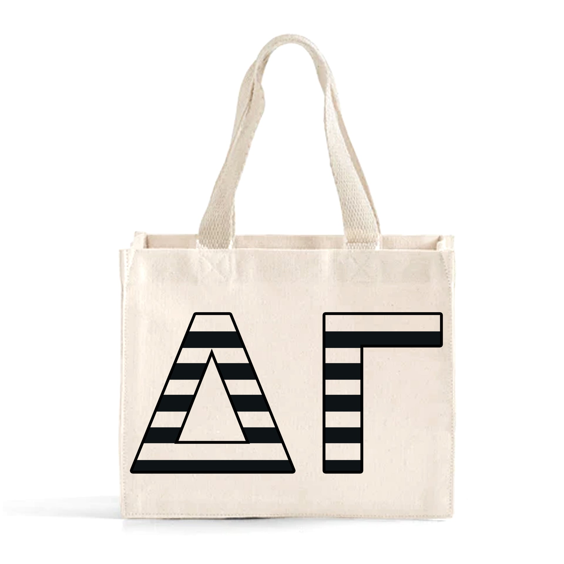 Front view of Delta Gamma small black and whie stripe tote bag