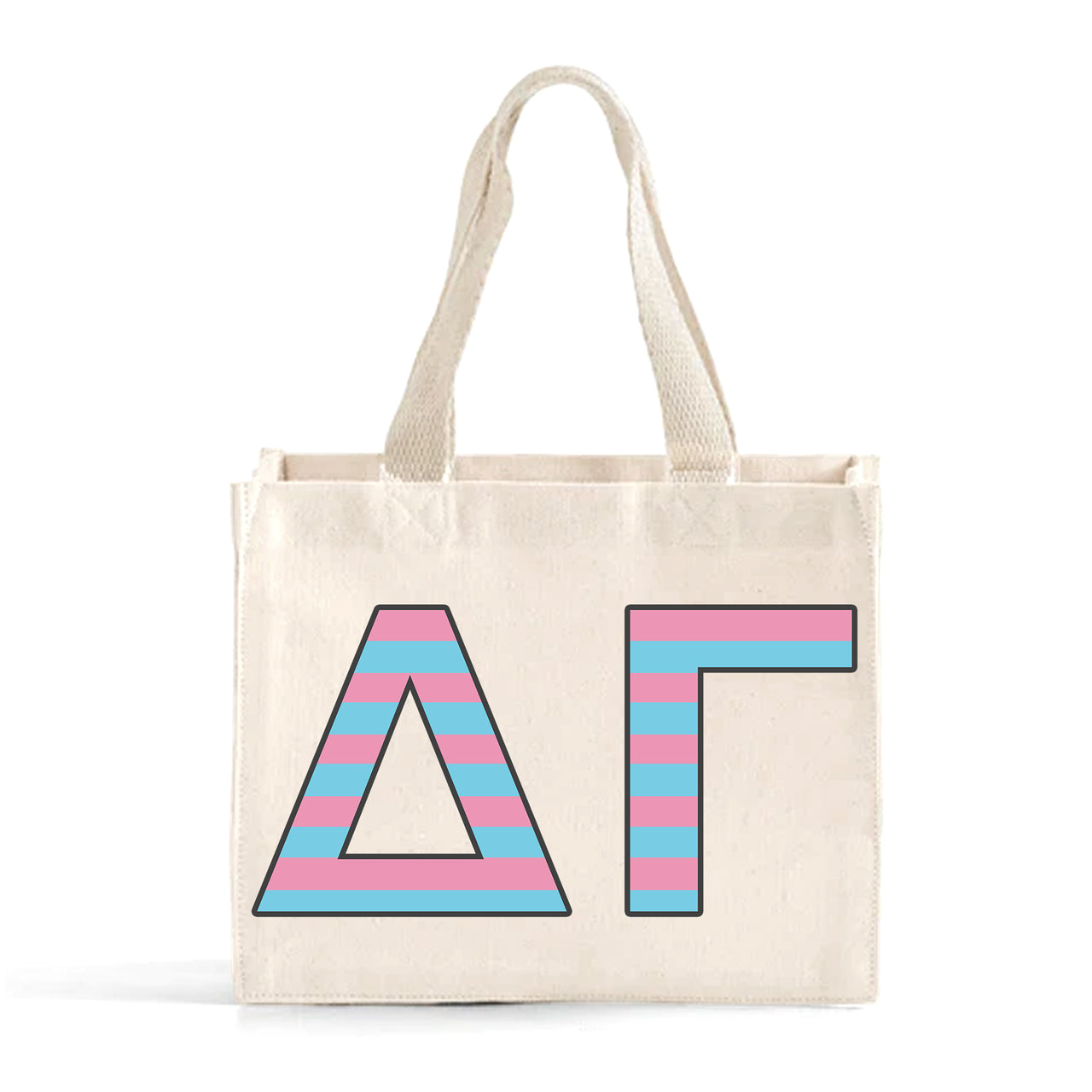 Front view of Delta Gamma Greek letters in sorority colors small striped tote bag